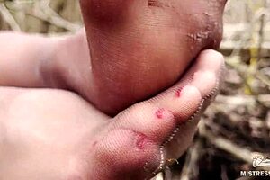 Goddess In Spring Forest Teases With Feet In Tan Pantyhose