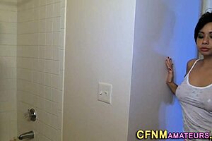 busty cfnm babe tugs big cock