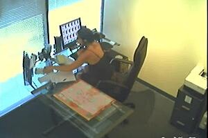 Girlfriend with small tits and glasses caught masturbating in office on hidden cam. Slut friend gets bold with fetish play.