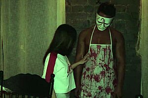 horror-themed anal double penetration with squirting teens in costumes, deepthroating huge cocks and masturbating