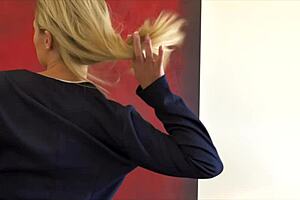 Beautiful blonde Scarlet Red masturbates shaved pussy before anal