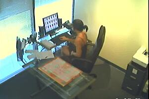 Girlfriend with small tits and glasses caught masturbating in office on hidden cam. Slut friend gets bold with fetish play.