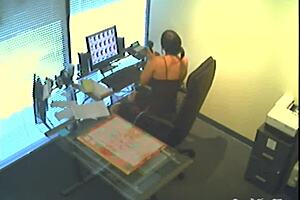 Girlfriend with small tits and glasses caught masturbating in office on hidden cam. Slut friend gets bold with fetish play.