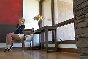 Beautiful blonde Scarlet Red masturbates shaved pussy before anal