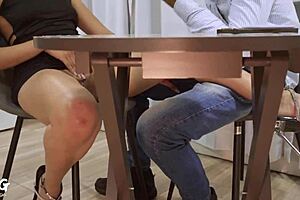 that unfaithful wife is fucking her coworker when her husband isn't looking, rough blowjob and all