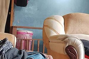 Latina Girl Masturbates Cock in Living Room