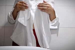 sexy office girl masturbates with big tits in bathroom