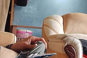 Latina Girl Masturbates Cock in Living Room