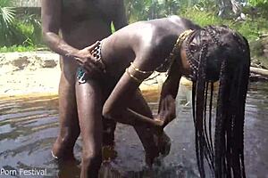 Skinny African Girl Fucked Unexpectedly While Bathing Outdoors. Intense Surprise Encounter in the Forest.