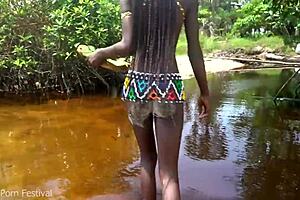 Skinny African Girl Fucked Unexpectedly While Bathing Outdoors. Intense Surprise Encounter in the Forest.