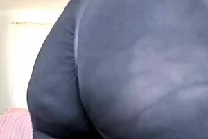 Check out this MILF's big tits through sheer leggings up close
