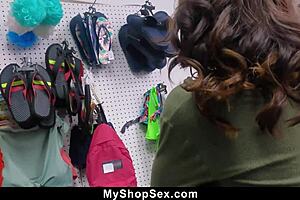 shoplifter teen working on pleasuring the officers dick for her freedom in the shop