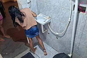 Latina teen gives anal in bathroom as friend waits.