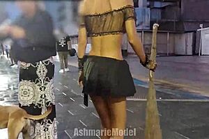 hairy pussy upskirt flashing in public with small tits and barefoot fetish 😈