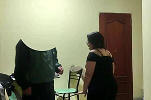 Fucking the cleaning lady bent over in lingerie, her big natural tits bouncing 😍