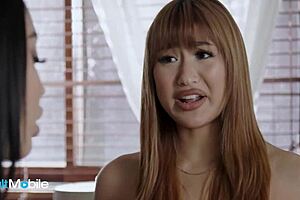 i, the asian beauty, lick the latina's hairless pussy in sensual muff diving, moaning loudly