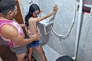 Latina teen gives anal in bathroom as friend waits.