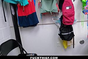 officer catches nerdy shoplifter in office punishment