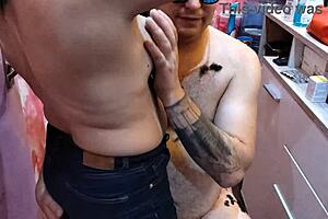 this barber babe has perfect natural tits, wow!