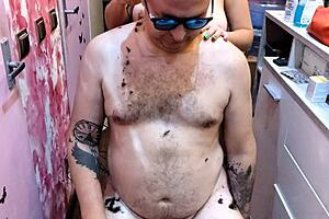 this barber babe has perfect natural tits, wow!