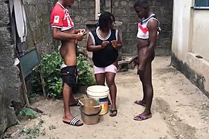 Two BROTHERS FUCK their STEPMOTHER by the WELL SIDE with big ASS