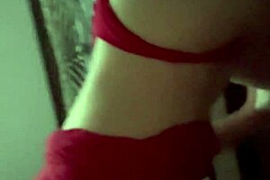 Brunette in red lingerie licks big cock then takes creampie in mouth during domination session