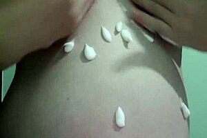 Pregnant blonde wife gets cream and massage in lingerie 😘