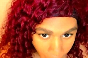 Trans slut in crossdressing worships daddy's cock obediently