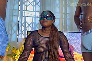 Hey, that sexy ebony queen deepthroats two big black cocks doggystyle, shaking with orgasm