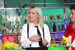 Sexy Blonde Bartender Gets Shared in Freeuse Blowjob