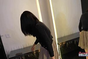 Ashley Wolf stuffs her trimmed pussy with dildo, rubbing tits in POV.