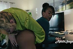 Hey, ever seen a boss turn the office into her wild ebony lesbian harem with strapon action?