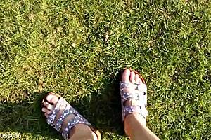 walking barefoot in slippers outdoors