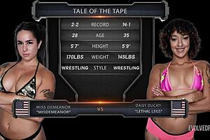 I battle Miss Demeanor in lesbian wrestling with fingering and pussy eating