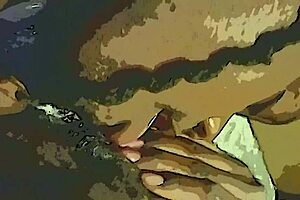 Watch this ebony babe get a dildo and tongue tag team on her wet pussy.