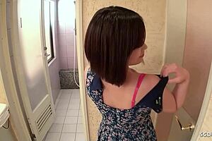 curvy japanese teen 18+ gets deep creampie by client in jav massage parlour?