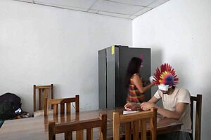 Housemaid sensually gropes body and flirts with dildo feeding blind man