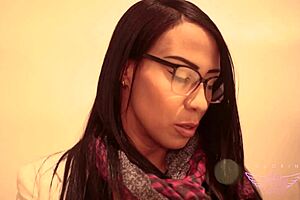 wet shaved pussy girl fingers deep in her cunt with glasses.