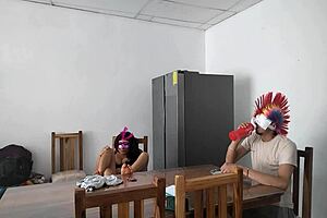 Housemaid sensually gropes body and flirts with dildo feeding blind man