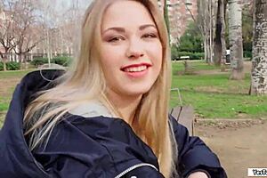 Russian babe sucks dick for cash in public outdoor pov.