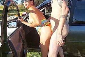 Risky anal creampie on the road while waiting for tow truck