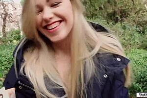 Russian babe sucks dick for cash in public outdoor pov.