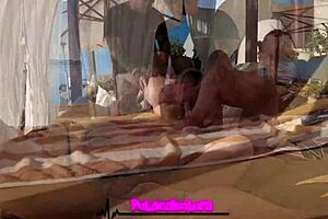 Blonde with big tits in hotel threesome blowjob and shaved pussy group sex