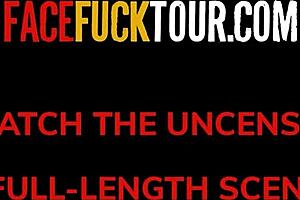 The skinny brunette babe gags on the huge cock in POV.