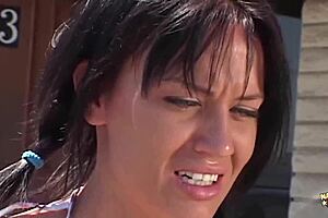 This suburb girl with pigtails is getting doggy styled on the red couch.