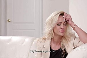 couple roughly spitroasts heartbroken blonde with strapon and double penetration, kissing and spitting