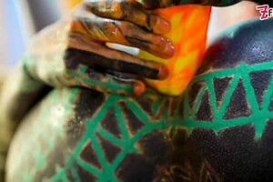 Solo play with XL dildo in fishnets and heels.