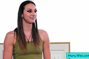 Sensual teen masseuse rubs wet naked body in nuru massage