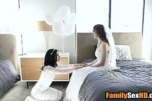 Passionate lesbian brides in intense foursome fucking