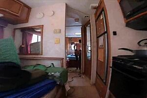 Curvy housewife in thong leotard and pantyhose during rv camping